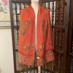 Vintage Y2K Orange Reversible Butterfly Floral Boho Hippie Fringe Scarf Shawl
